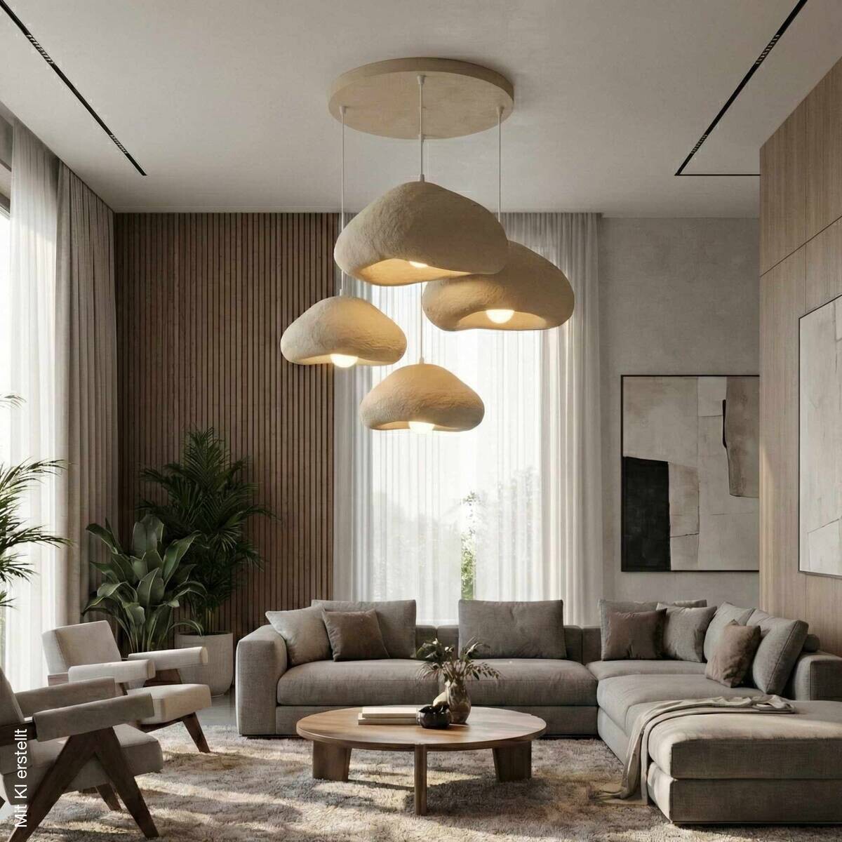 Opviq Pendelleuchte beige Metall Fiberglas B/H/T/L: ca. 154x110x46x154 cm E27 4 Brennstellen