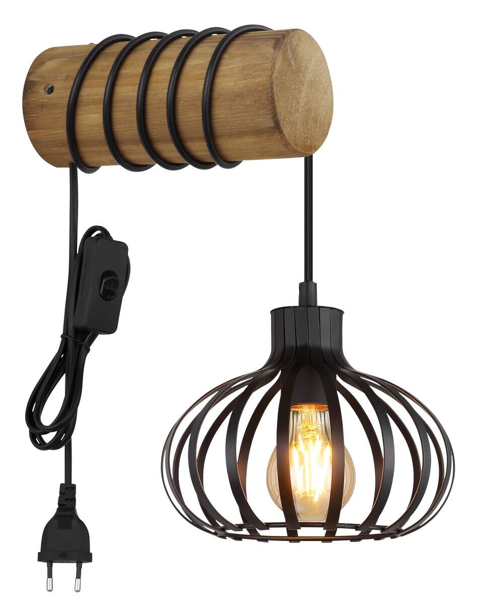 GLOBO Wandleuchte schwarz braun Metall Holz B/H: ca. 20x59 cm E27 1 Brennstellen