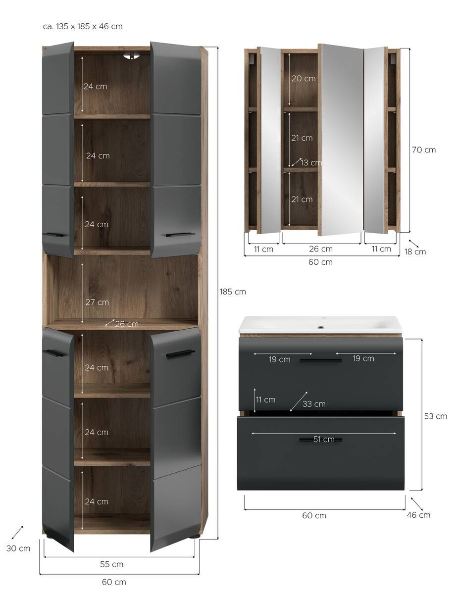 Badezimmer-Set Ice Nox Oak Nachbildung schwarz matt B/H/T: ca. 135x185x46 cm