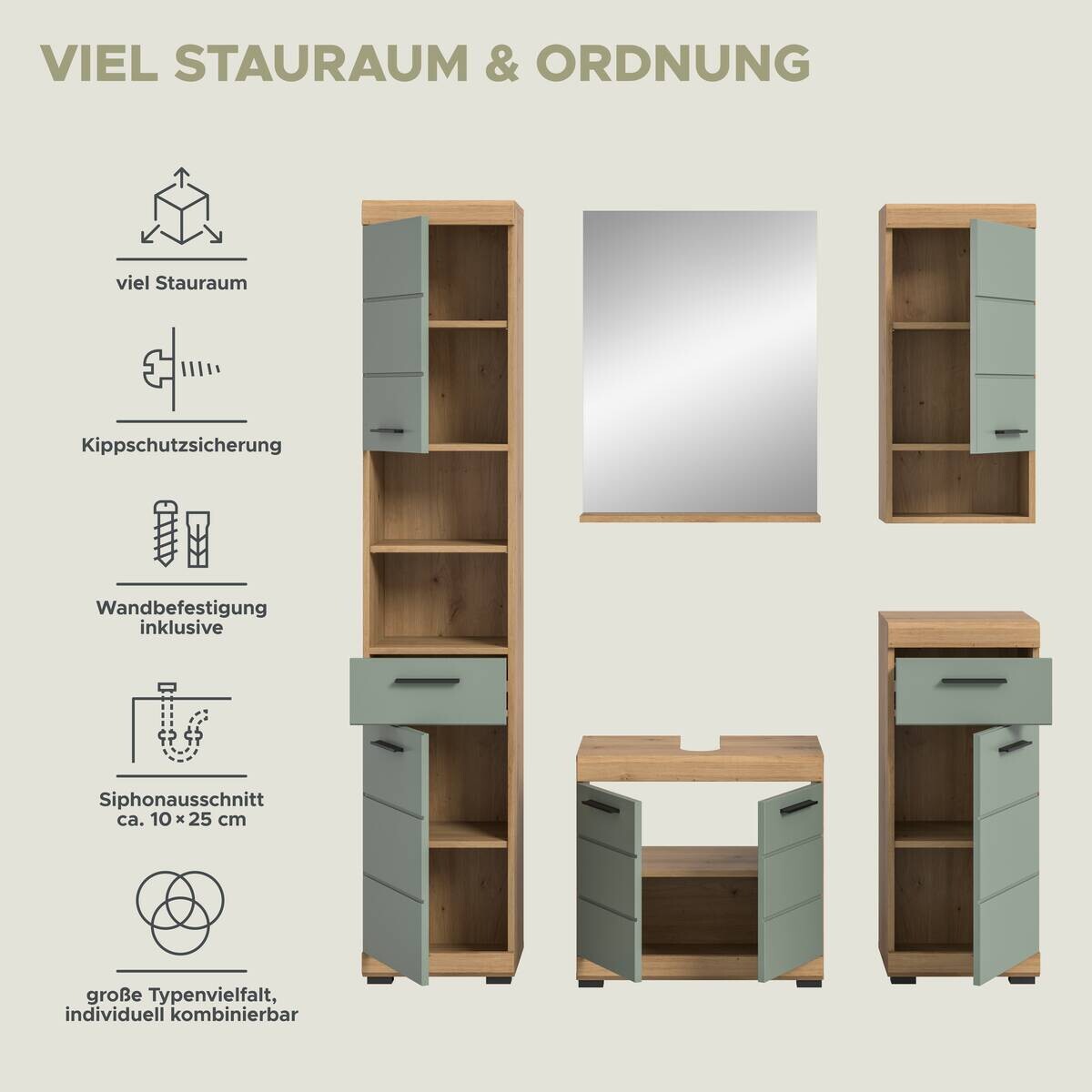 Badezimmer-Set Scout Eiche Artisan Nachbildung salbei Nachbildung B/H/T: ca. 164x191x34 cm