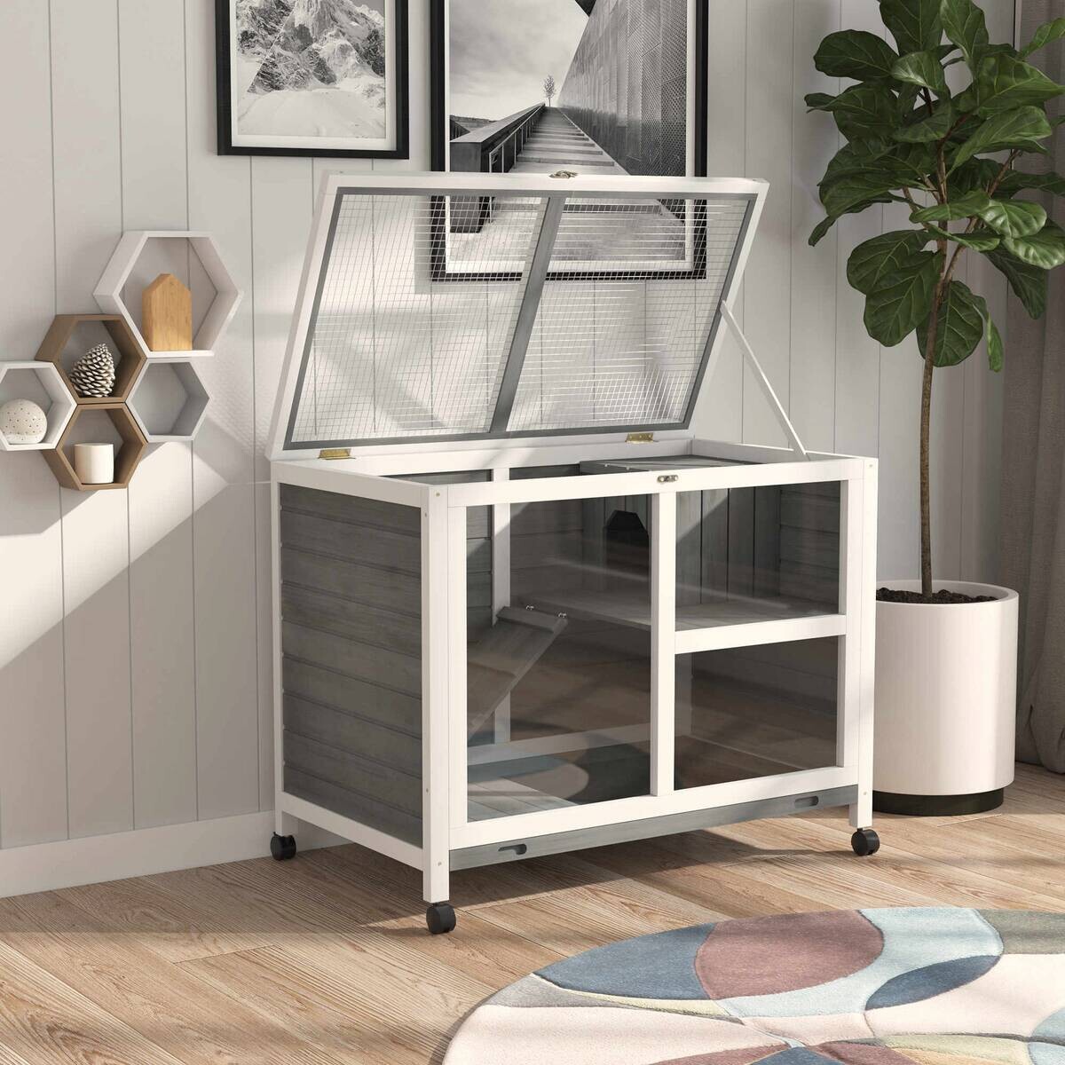 PawHut Kleintierhaus grau Holz B/H/L: ca. 53,3x73x91,5 cm