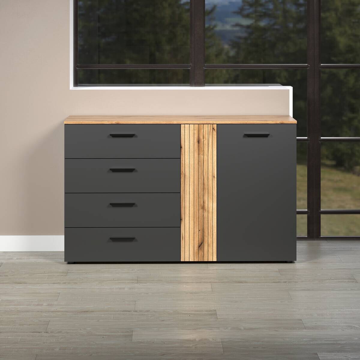 Kommode Esteban anthrazit Eiche Evoke Coast Nachbildung B/H/T: ca. 139x86x38 cm