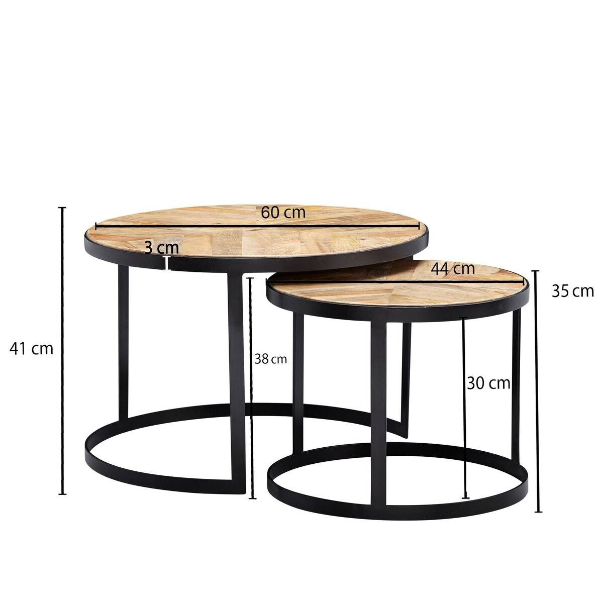 Beistelltisch 2er-Set. natur natur schwarz pulverbeschichtet Akazie MDF Eisen