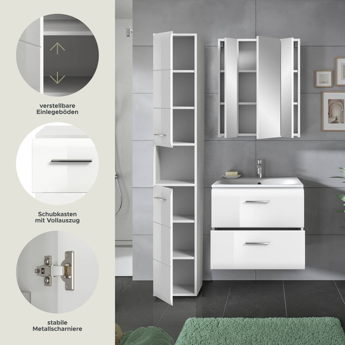 Badezimmer-Set Ice weiß weiß Hochglanz B/H/T: ca. 105x185x46 cm