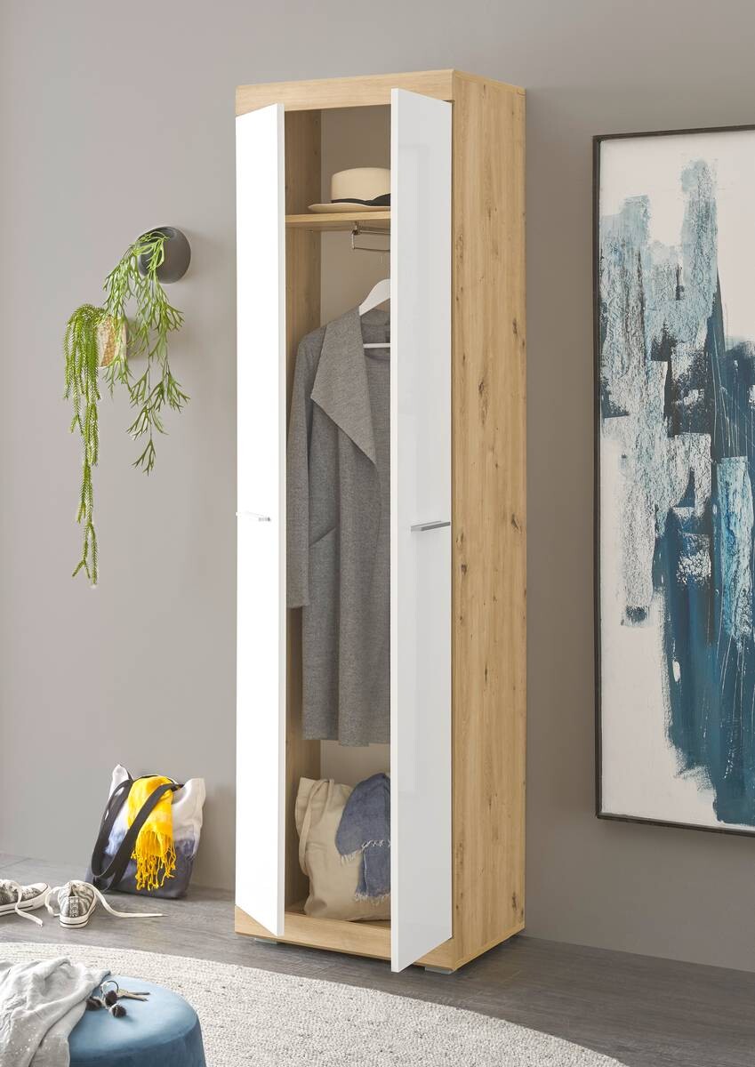 Garderobenschrank Nola Eiche Artisan Nachbildung weiß Hochglanz B/H/T: ca. 55x195x38 cm