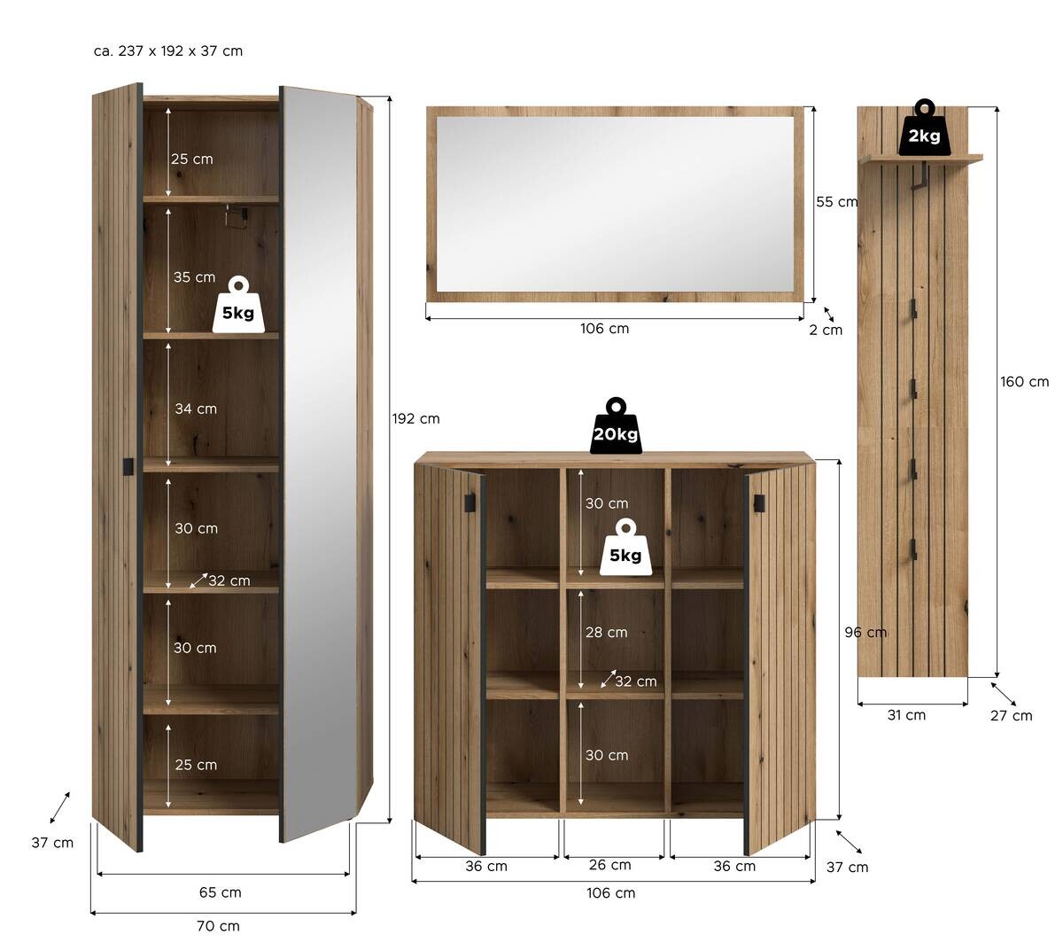 Garderobenset STATION Evoke Oak Nachbildung B/H/T: ca. 237x192x37 cm