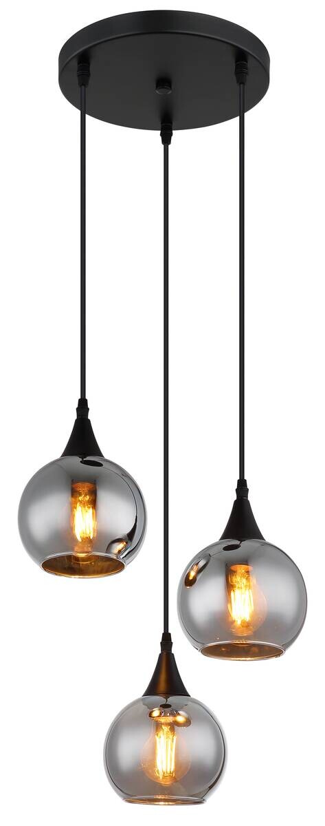 GLOBO Pendelleuchte Nika schwarz Rauch Glas Metall H/D: ca. 120x35 cm E27 3 Brennstellen