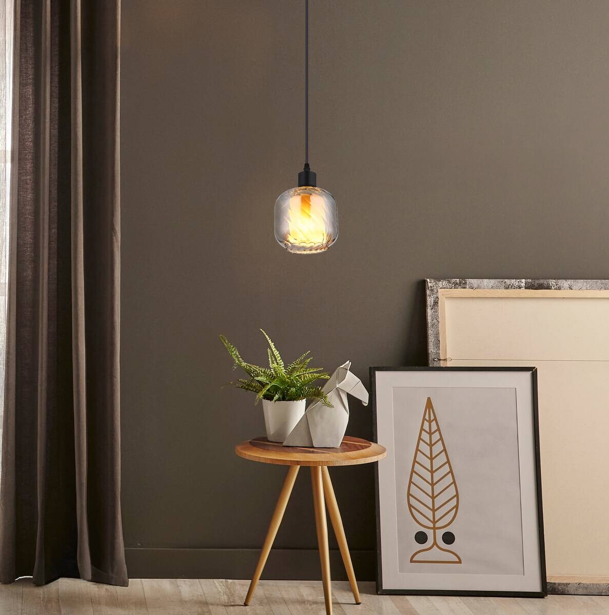 GLOBO Pendelleuchte Rauch mattschwarz Metall Glas H/D: ca. 120x14 cm E27 1 Brennstellen