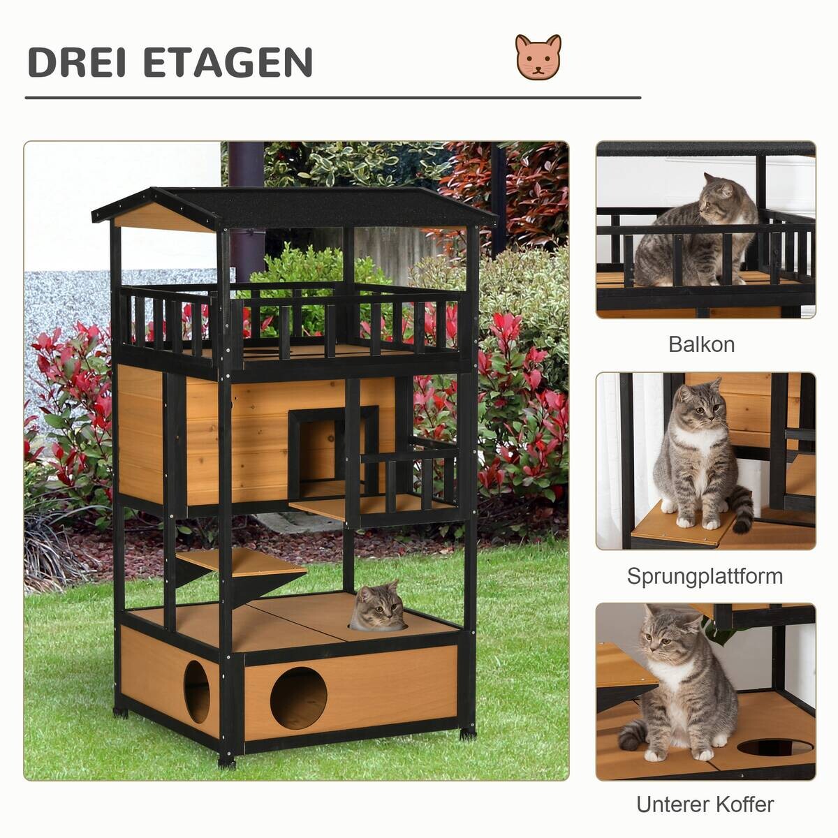 PawHut Katzenhaus schwarz Holz B/H/L: ca. 75x137x75,5 cm