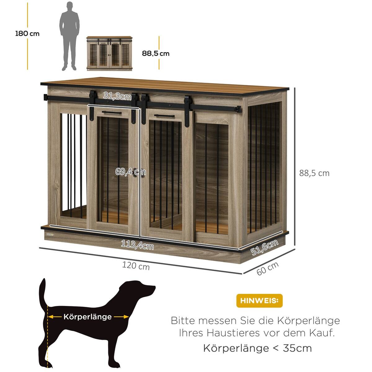 PawHut Hunde-Zubehör Eiche Polypropylen B/H/L: ca. 60x120x88,5 cm