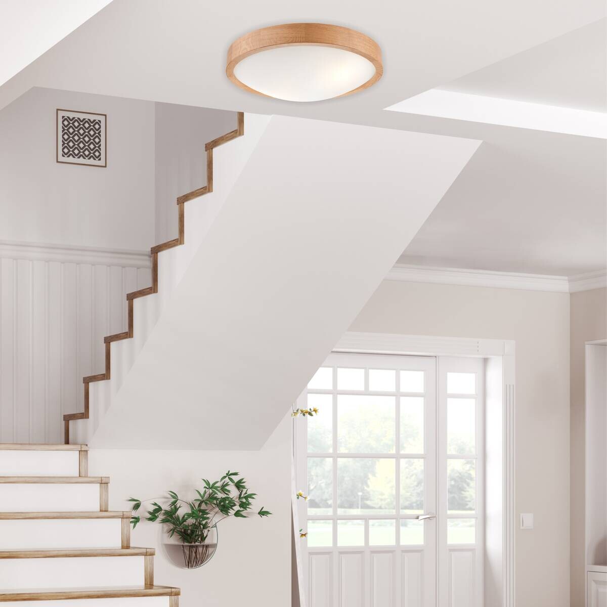 Lamkur Deckenleuchte Anello Eiche Glas Holz H/L: ca. 8x37 cm E27 2 Brennstellen