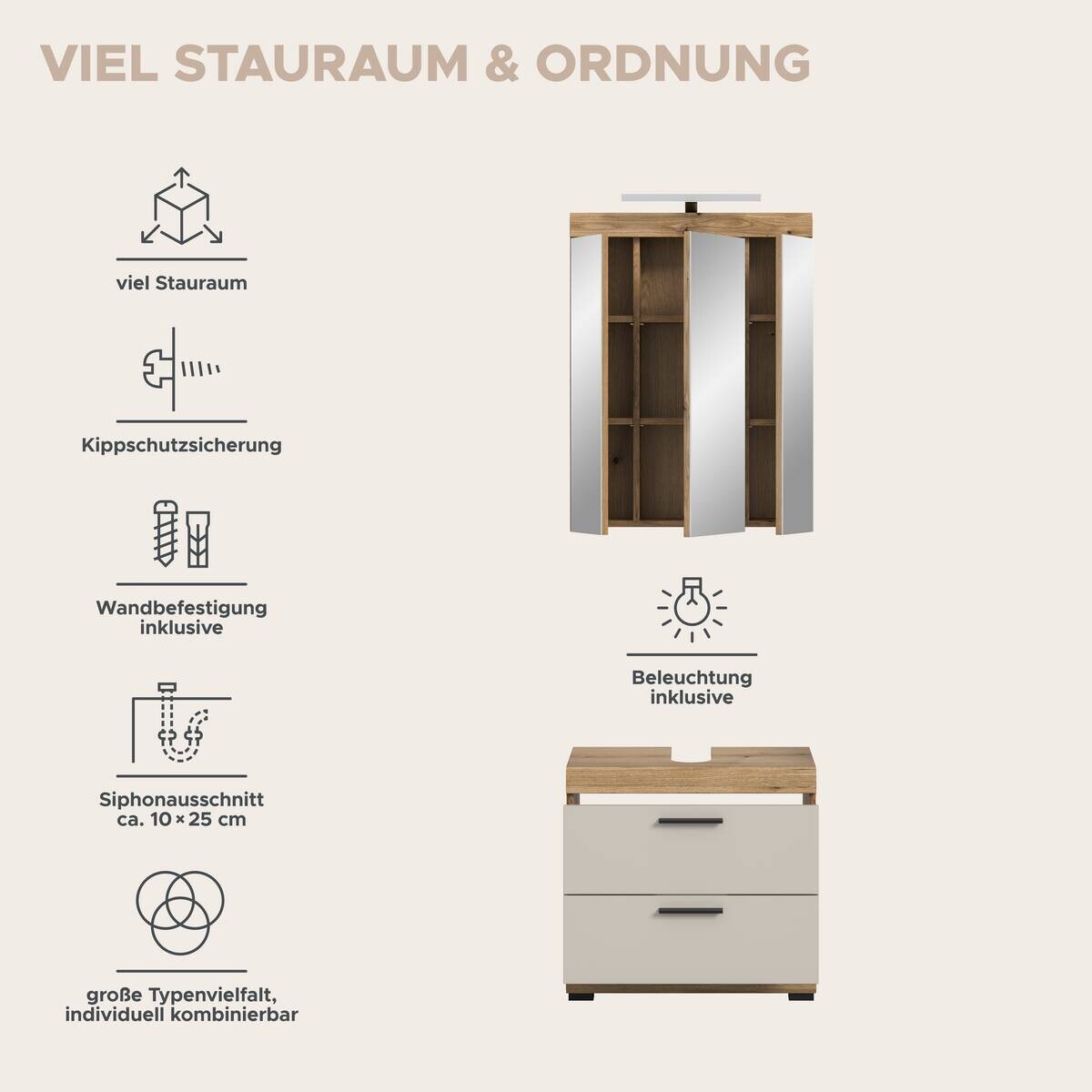 Badezimmer-Set Scout Evoke Oak Nachbildung Kaschmirgrau Nachbildung B/H/T: ca. 60x191x34 cm