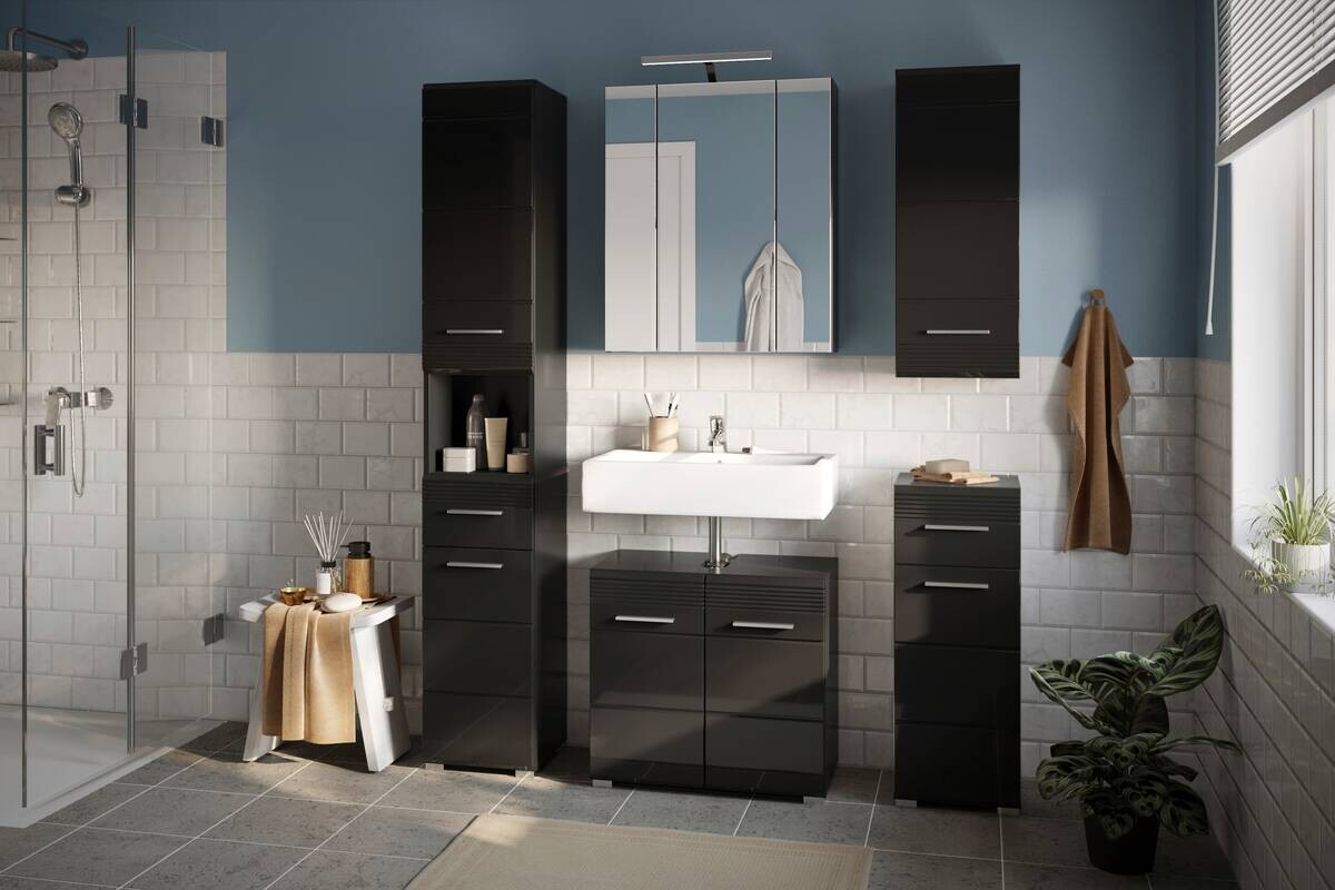 Badezimmer-Set LINUS schwarz schwarz Hochglanz B/H/T: ca. 150x182x34 cm