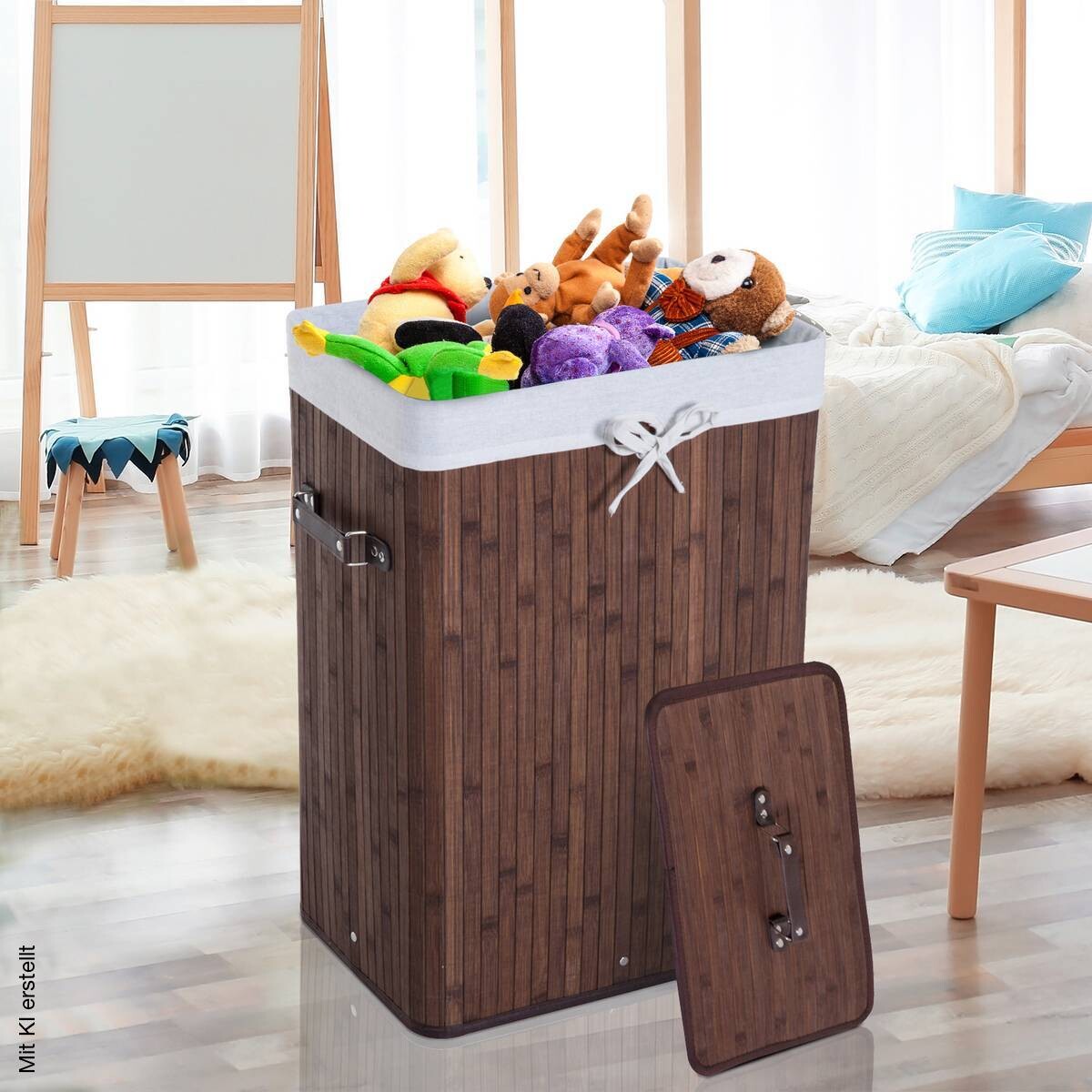 HOMCOM Wäschekorb mit 2 Tragegriffen dunkelbraun Bambus Stoff Kunststoff B/H/L: ca. 30x60x40 cm