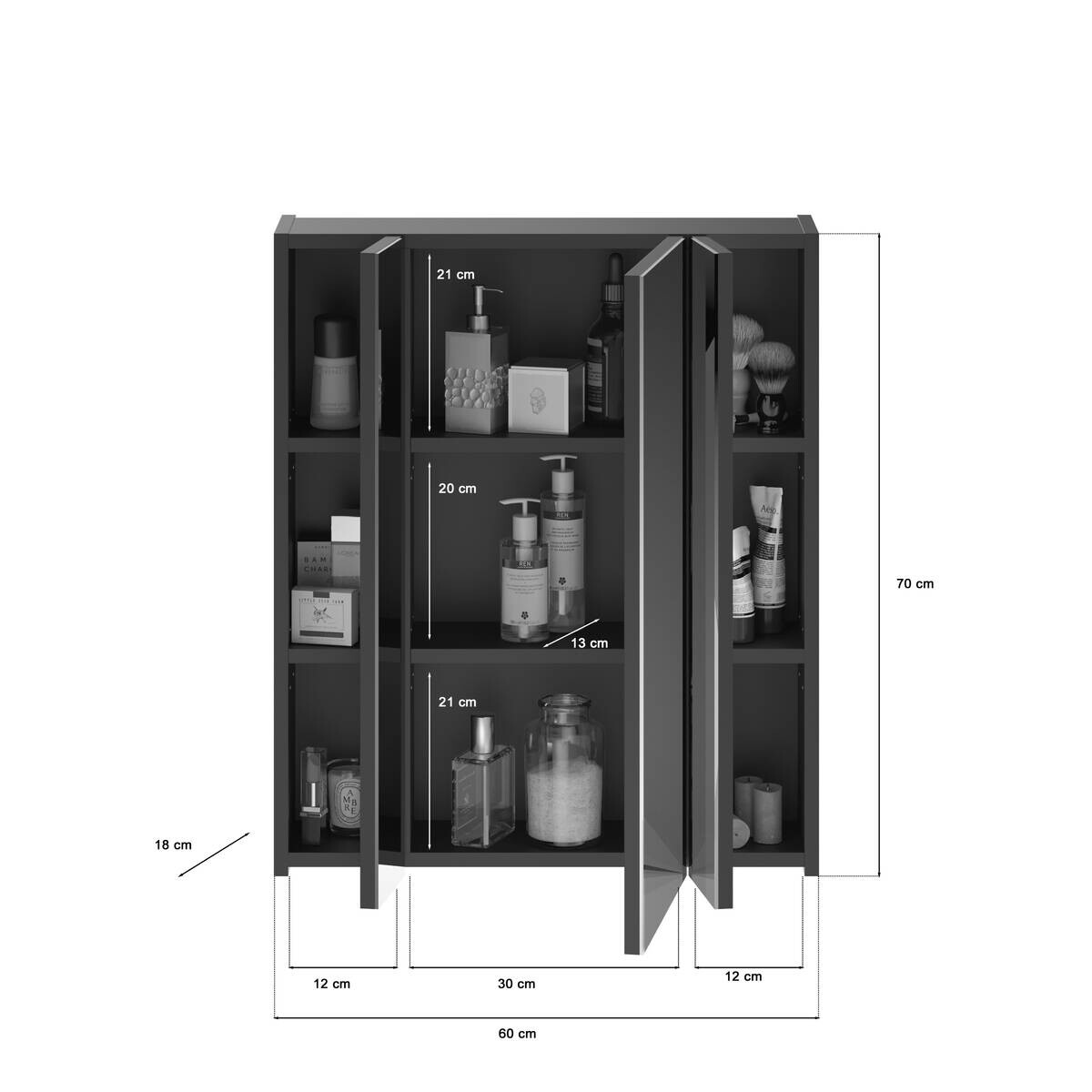Spiegelschrank LINUS schwarz Spiegel Spanplatte B/H/T: ca. 60x70x10 cm