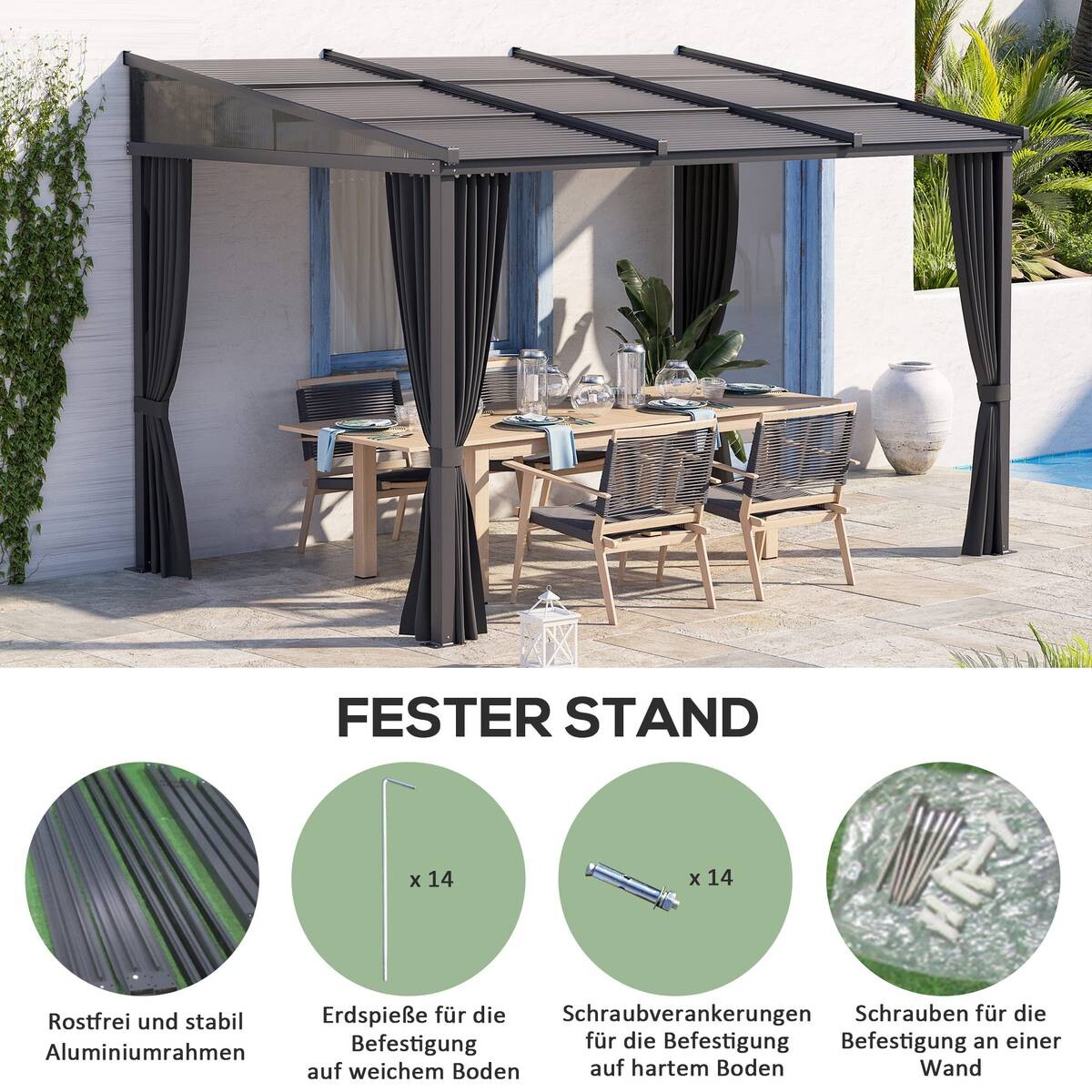 Outsunny Pergola mit Schiebeelementen grau Polyester B/H/L: ca. 255x242x365 cm