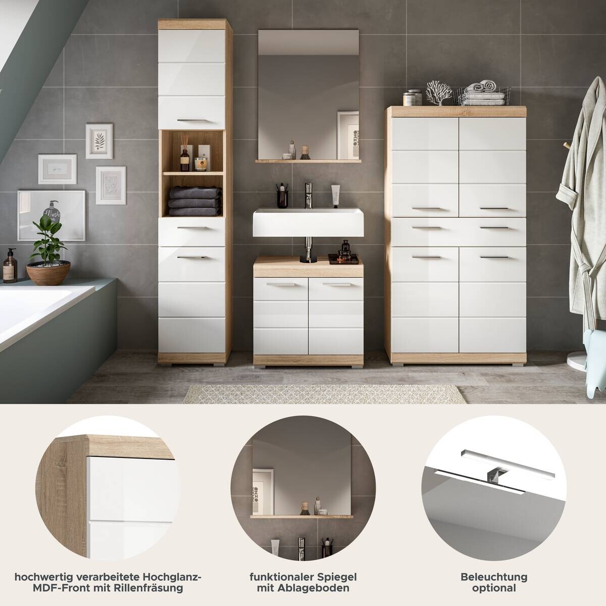 Badezimmer-Set Lambada Eiche Sonoma Nachbildung weiß Hochglanz B/H/T: ca. 186x191x34 cm