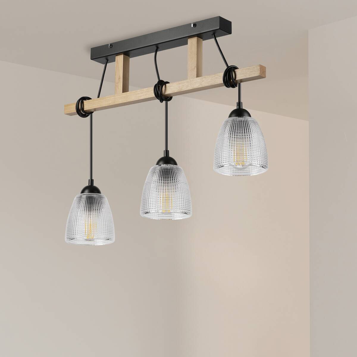 Lamkur Pendelleuchte Eiche Stahl B/H/L: ca. 60x88x60 cm E27 3 Brennstellen