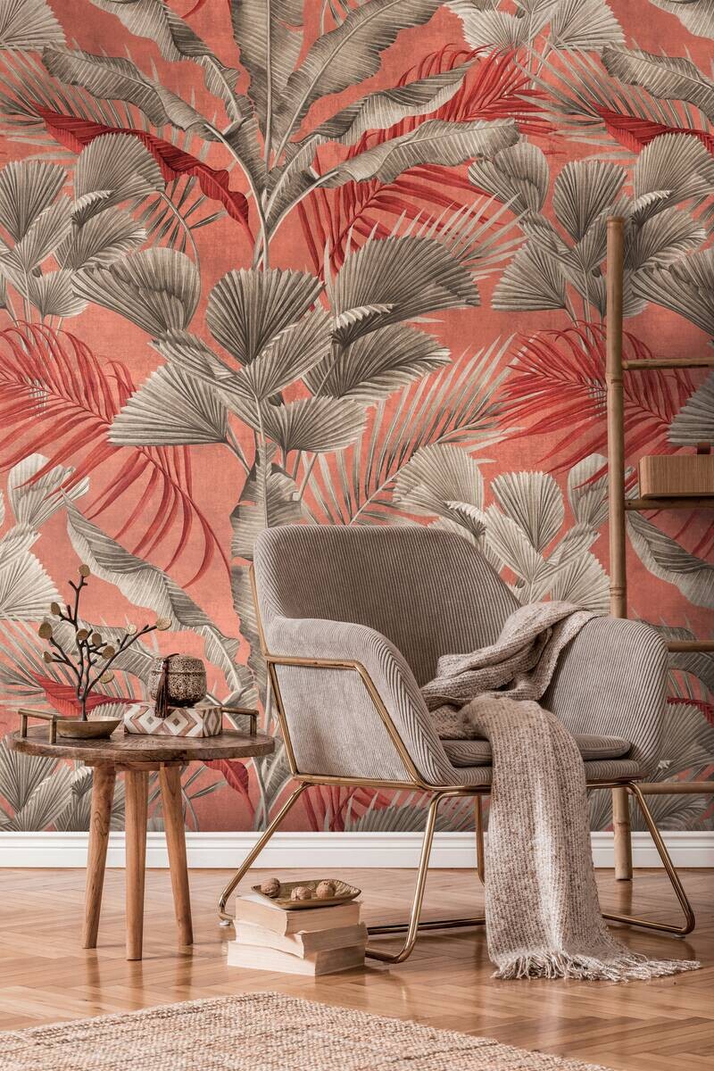 Livingwalls Fototapete Blätter grau rosa rot B/L: ca. 280x159 cm