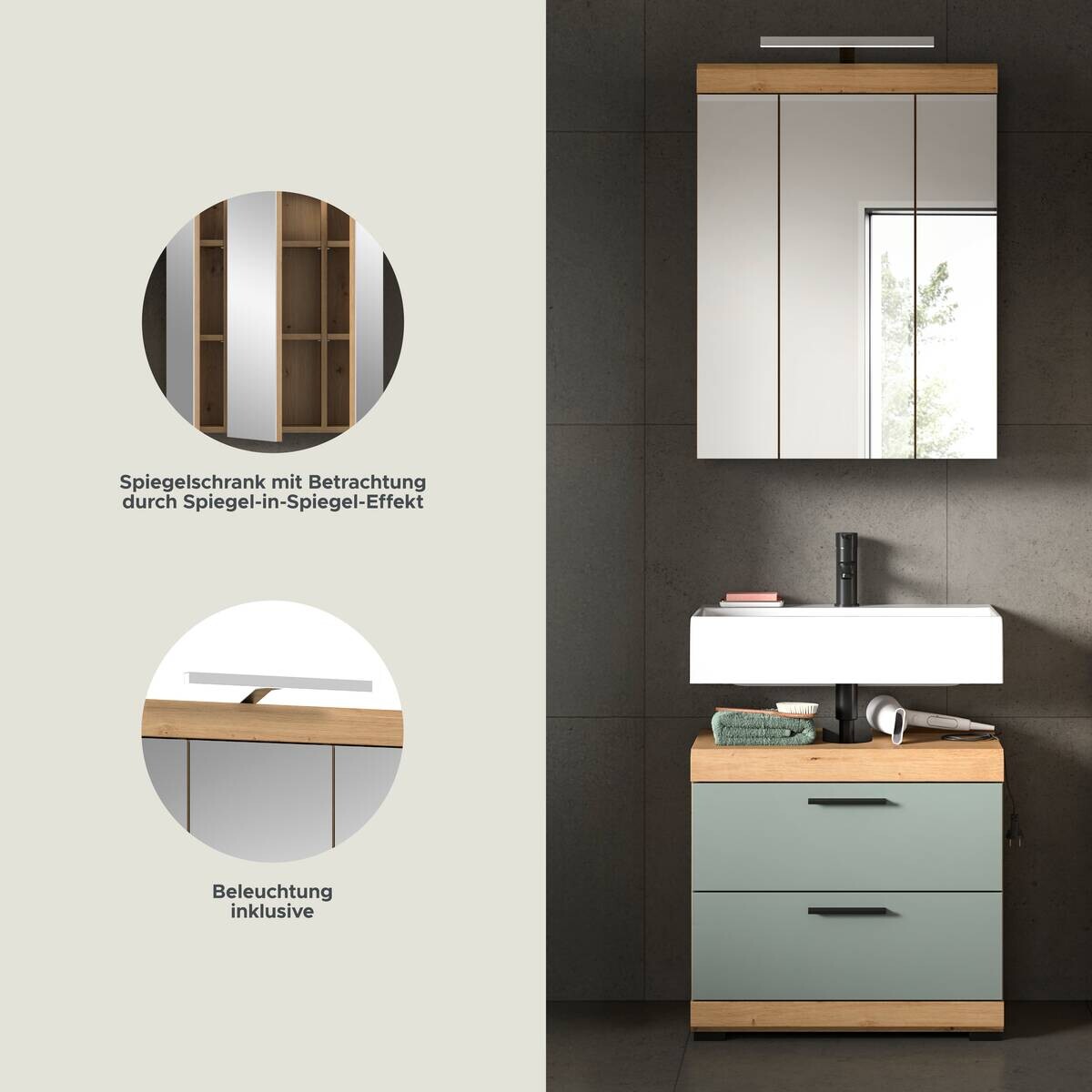 Badezimmer-Set Scout Eiche Artisan Nachbildung salbei Nachbildung B/H/T: ca. 60x191x37 cm