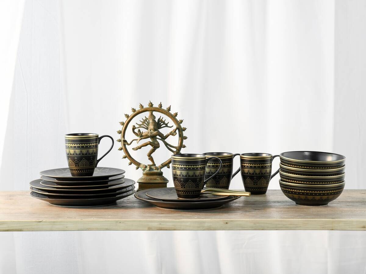 CreaTable Kombiservice MANDALA GOLD schwarz Steinzeug 16 tlg.