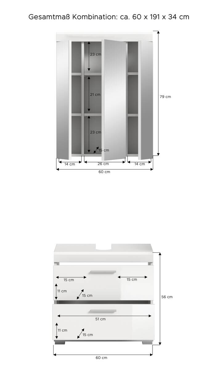 Badezimmer-Set Scout weiß weiß Hochglanz B/H/T: ca. 60x191x37 cm