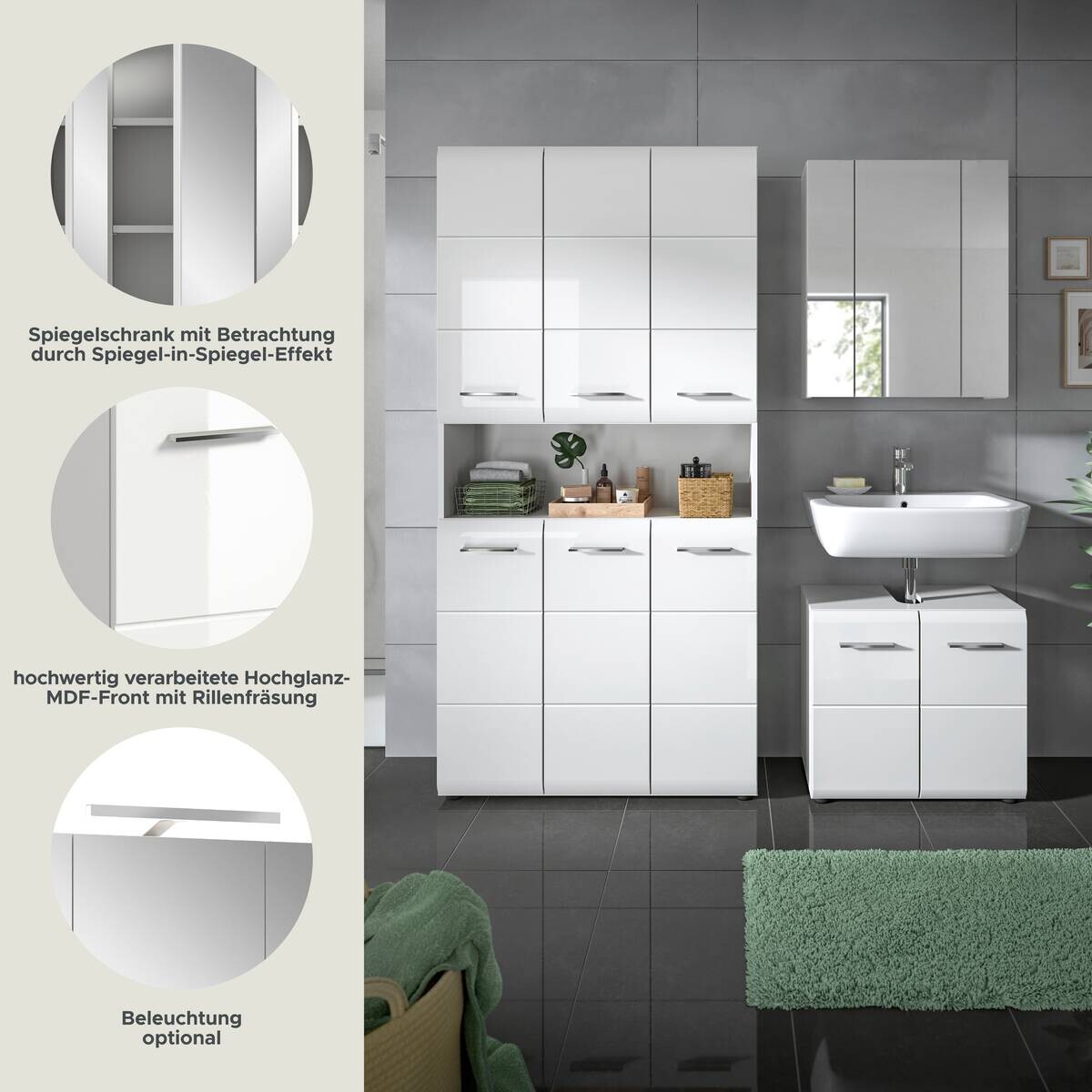 Badezimmer-Set Ice weiß weiß Hochglanz B/H/T: ca. 165x185x30 cm