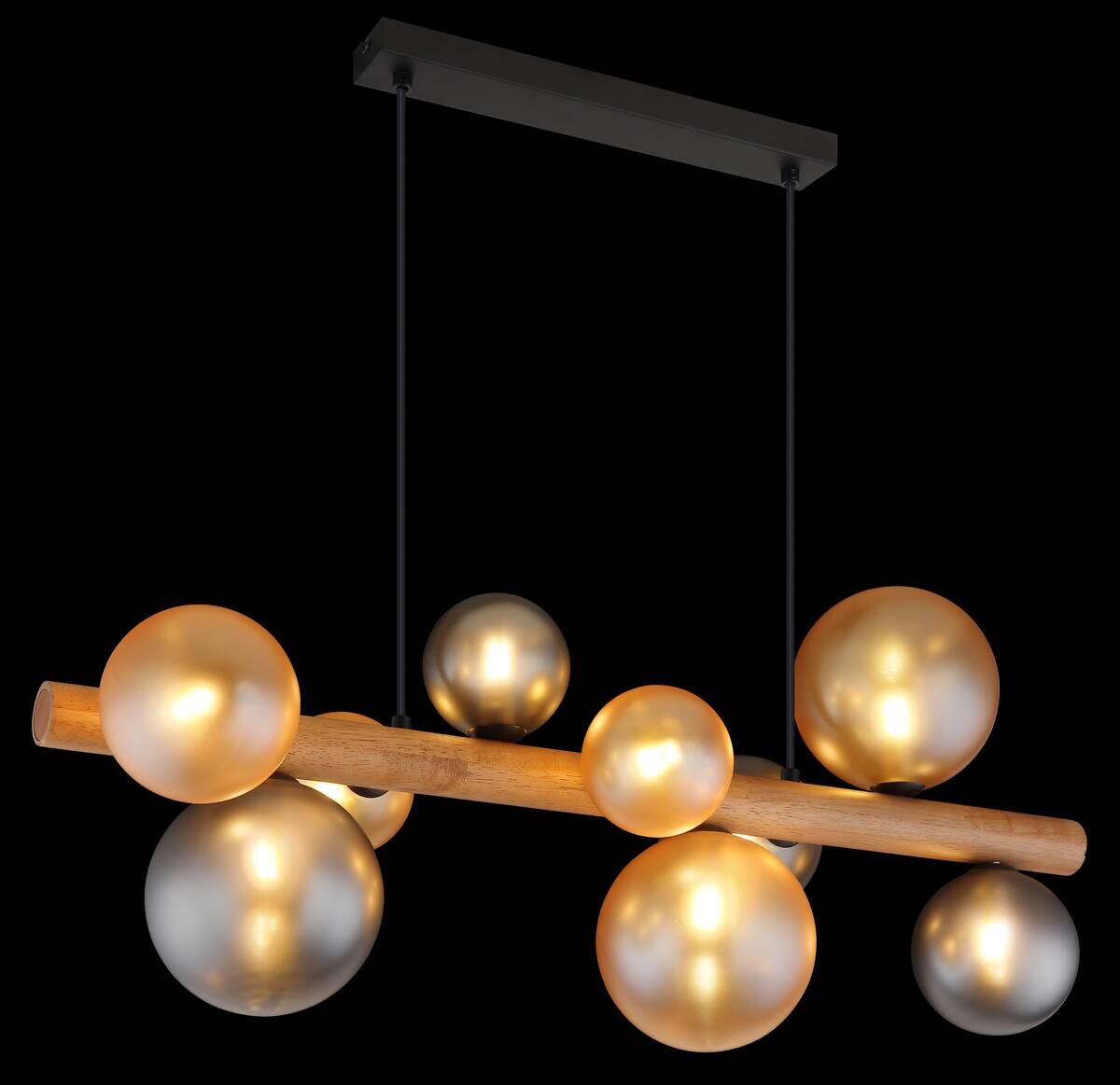 GLOBO LED-Hängeleuchte dunkelbraun amber Rauch Holz Metall Glas B/H/L: ca. 29x150x78 cm 9 Brennstellen