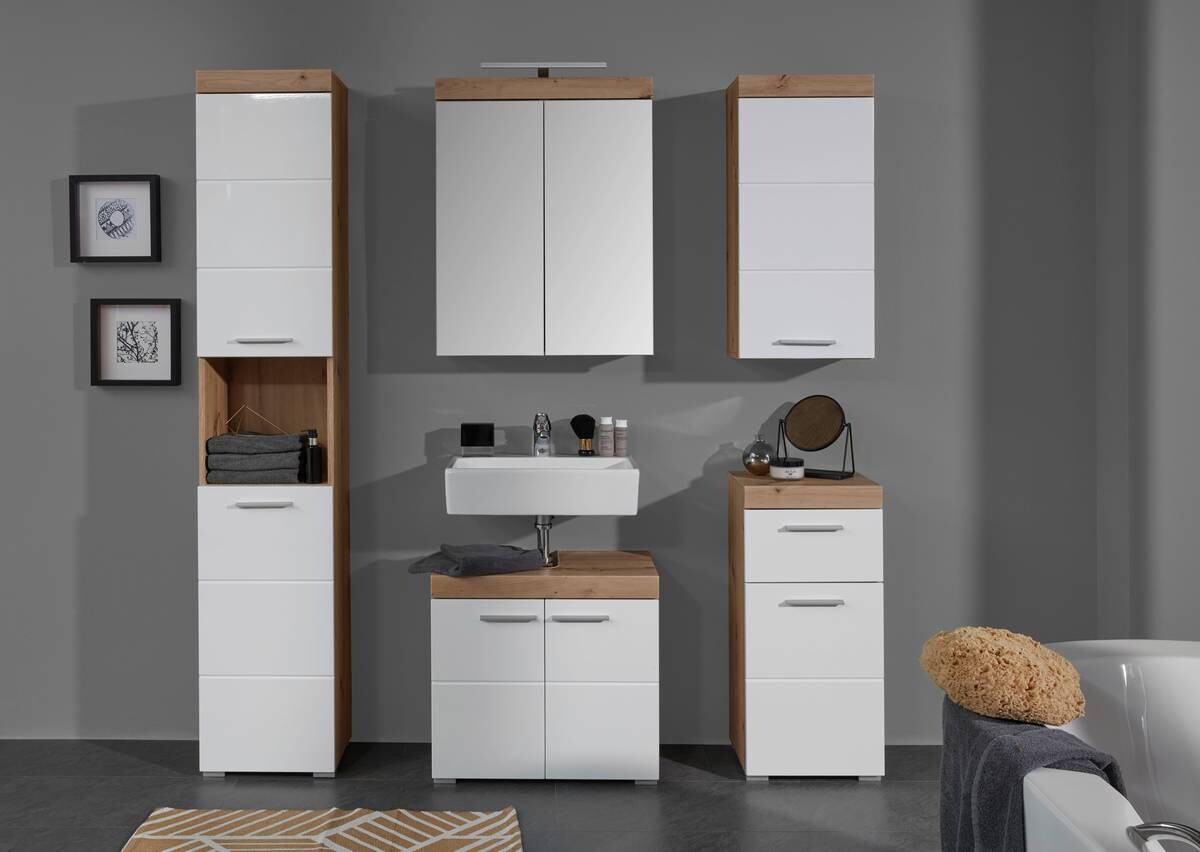 Stauraumelement Amanda weiß Hochglanz Asteiche Nachbildung B/H/T: ca. 37x77x23 cm