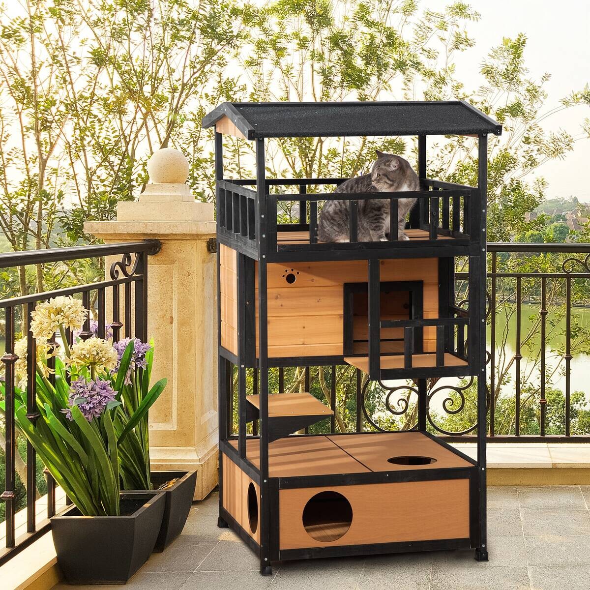 PawHut Katzenhaus schwarz Holz B/H/L: ca. 75x137x75,5 cm
