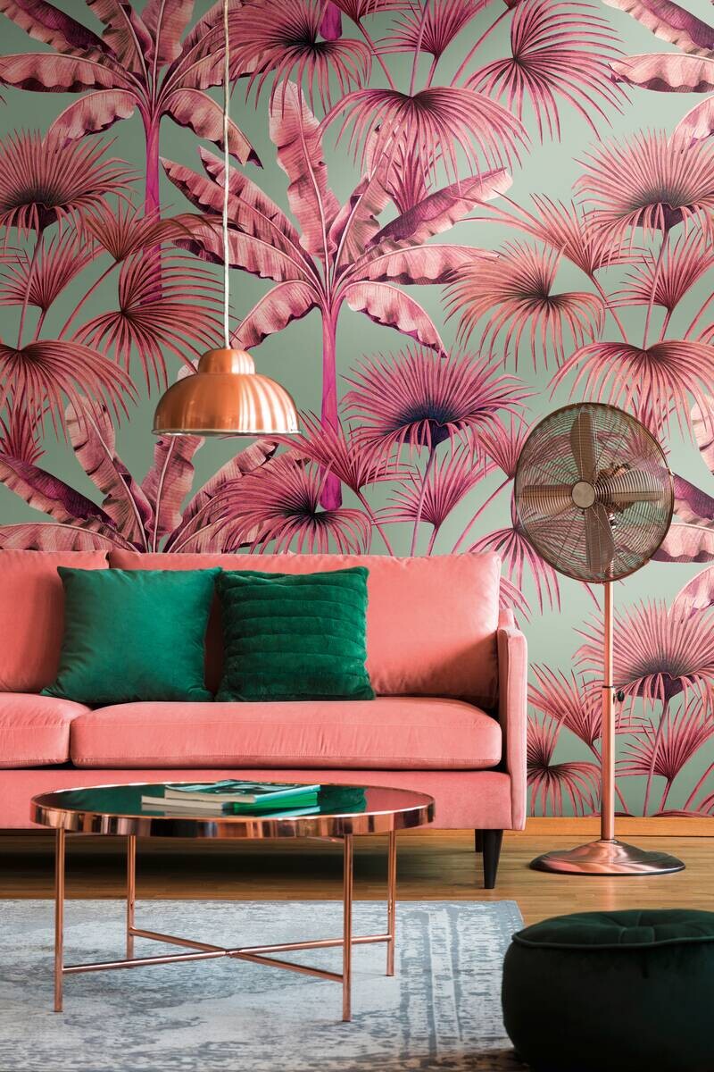 Livingwalls Fototapete Palmenblätter pink rosa blau B/L: ca. 280x159 cm