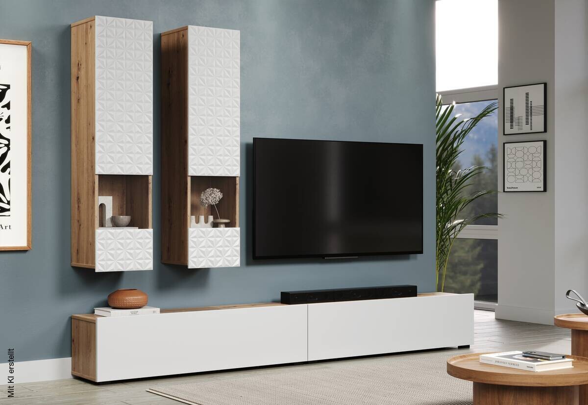 Wohnwand Rezzo weiß Oak Artisan Nachbildung B/H/T: ca. 241x200x30 cm