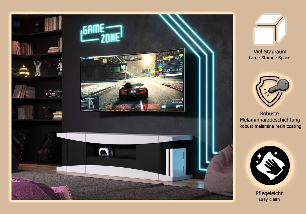 TV-Lowboard LevelUp Gaming weiß Lack matt schwarz Lack matt B/H/T: ca. 180x54x42 cm