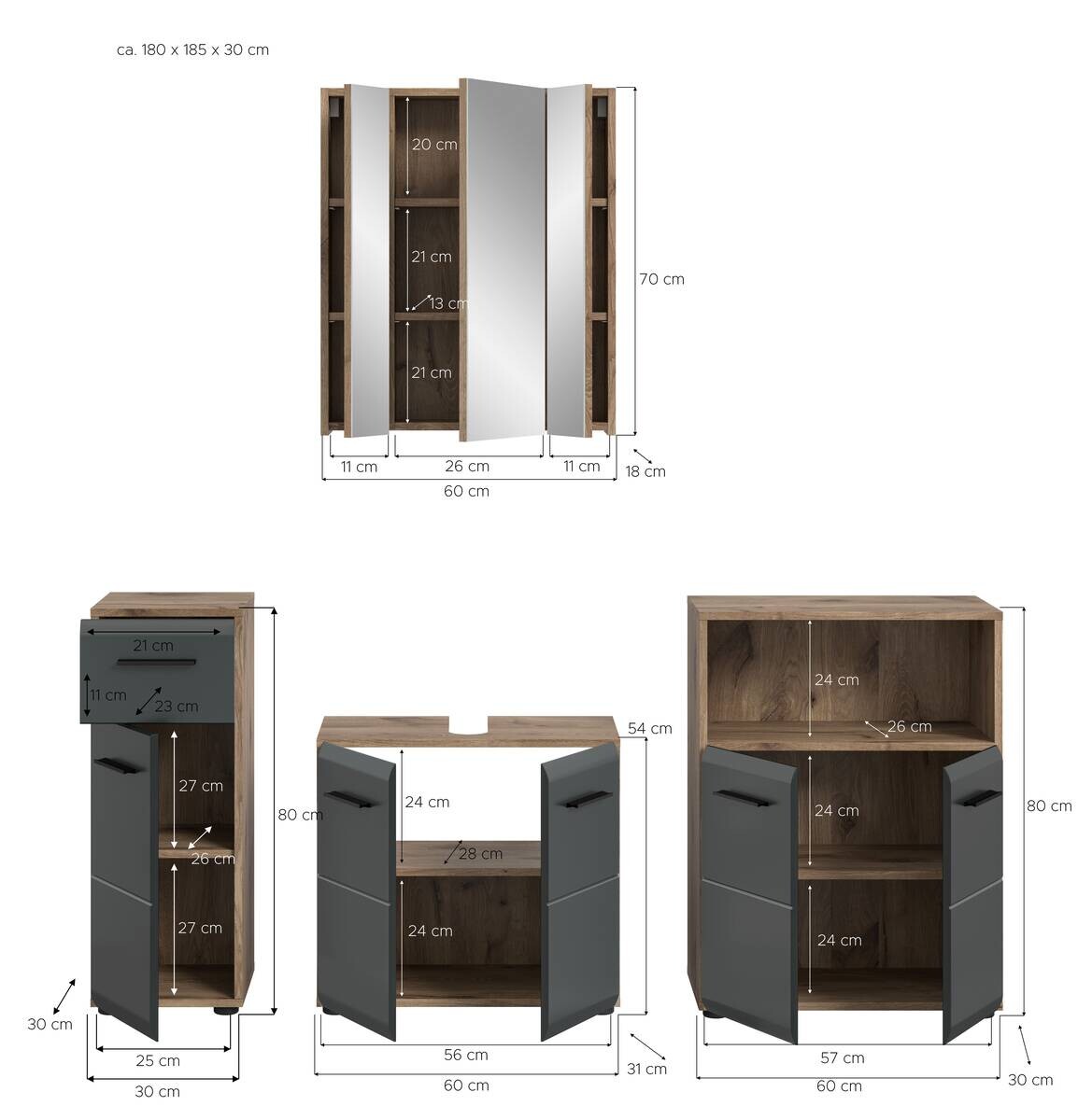 Badezimmer-Set Ice Nox Oak Nachbildung schwarz matt B/H/T: ca. 180x185x30 cm