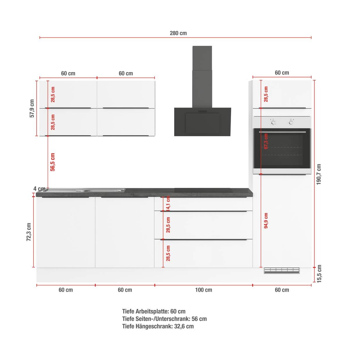 Küchenblock IKZ1280L6 Graphit B/T: ca. 280x60 cm