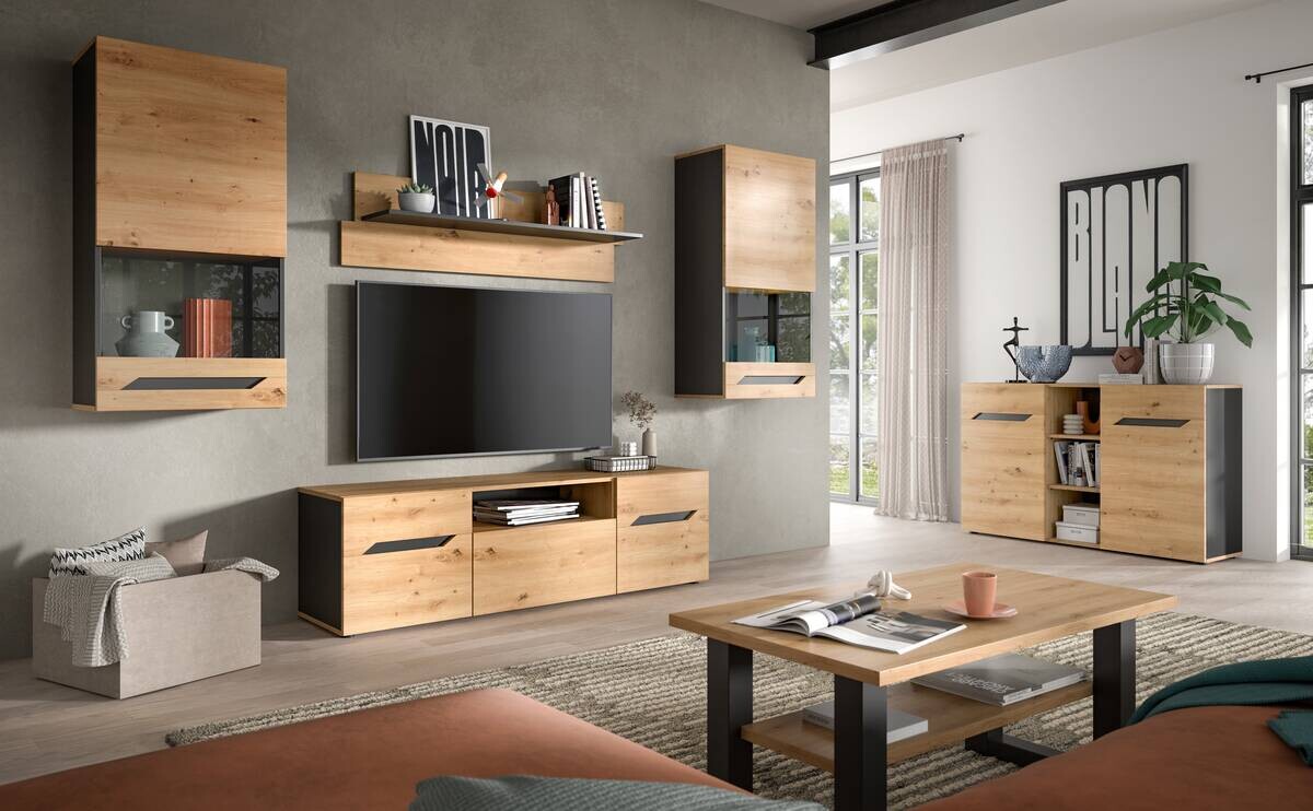 Wohnwand Caserta basaltgrau Nachbildung Artisan Oak Nachbildung B/H/T: ca. 253x196x40 cm