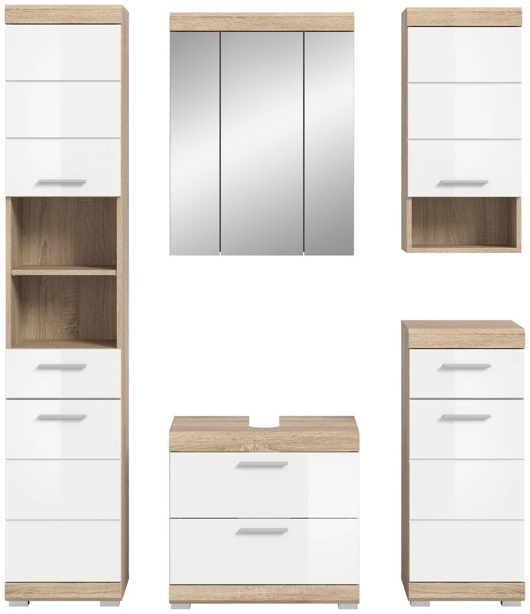 Badezimmer-Set Lambada Eiche Sonoma Nachbildung weiß Hochglanz B/H/T: ca. 164x191x37 cm