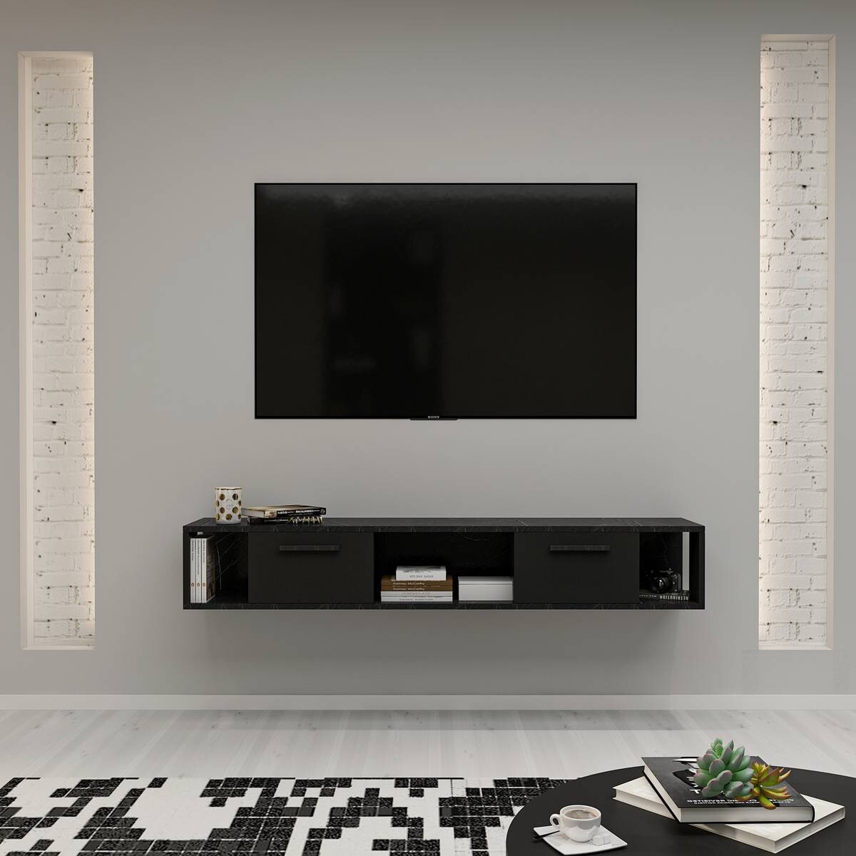 TV-Lowboard Aldora schwarz Marmoroptik B/H/T: ca. 160x30x30 cm