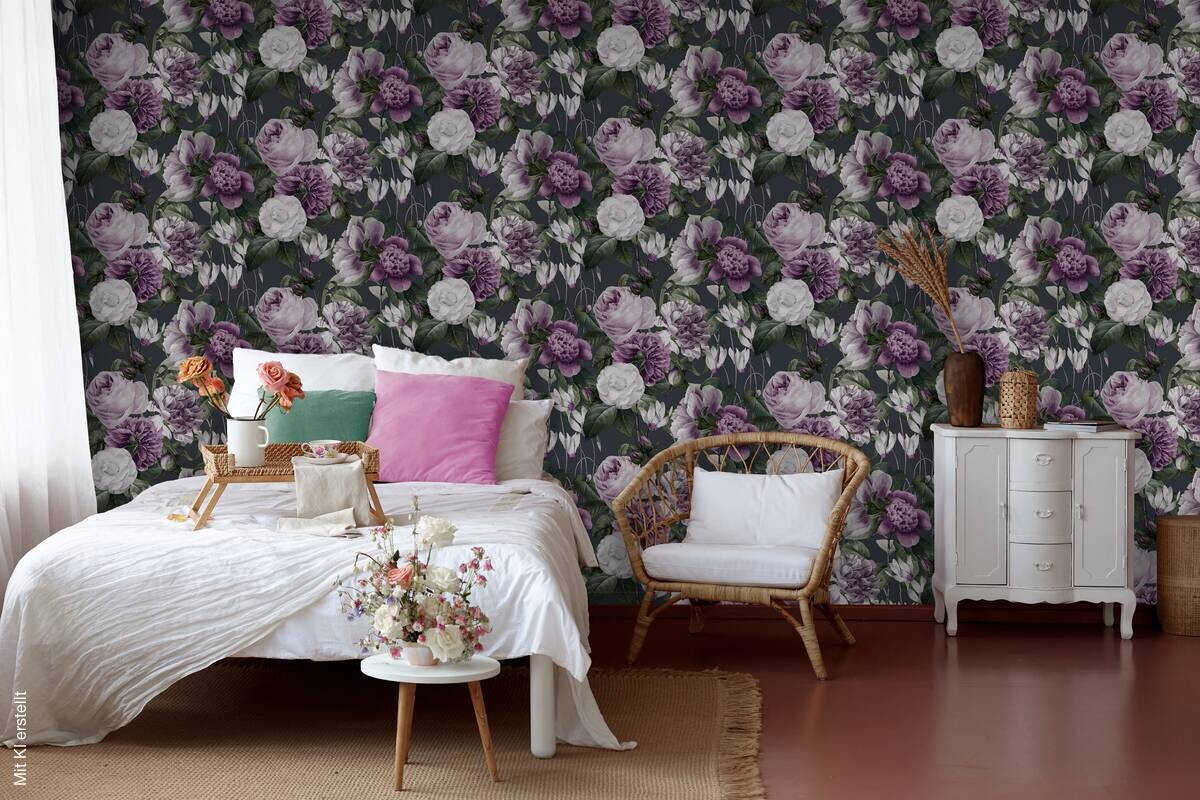 Vliestapete Rosen lila dunkelgrau rosa B/L: ca. 53x1005 cm