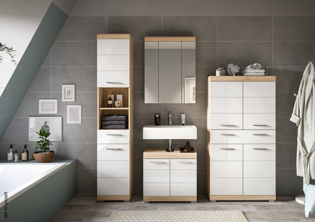 Badezimmer-Set Lambada Eiche Sonoma Nachbildung weiß Hochglanz B/H/T: ca. 186x191x34 cm
