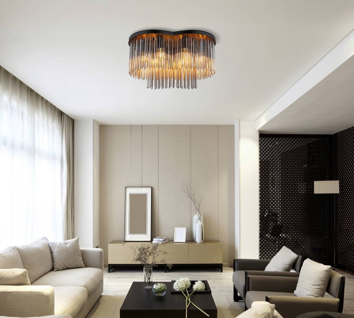 GLOBO Deckenleuchte mattschwarz Rauch Metall Glas B/H/T/L: ca. 35x34,5x60x60 cm E27 6 Brennstellen