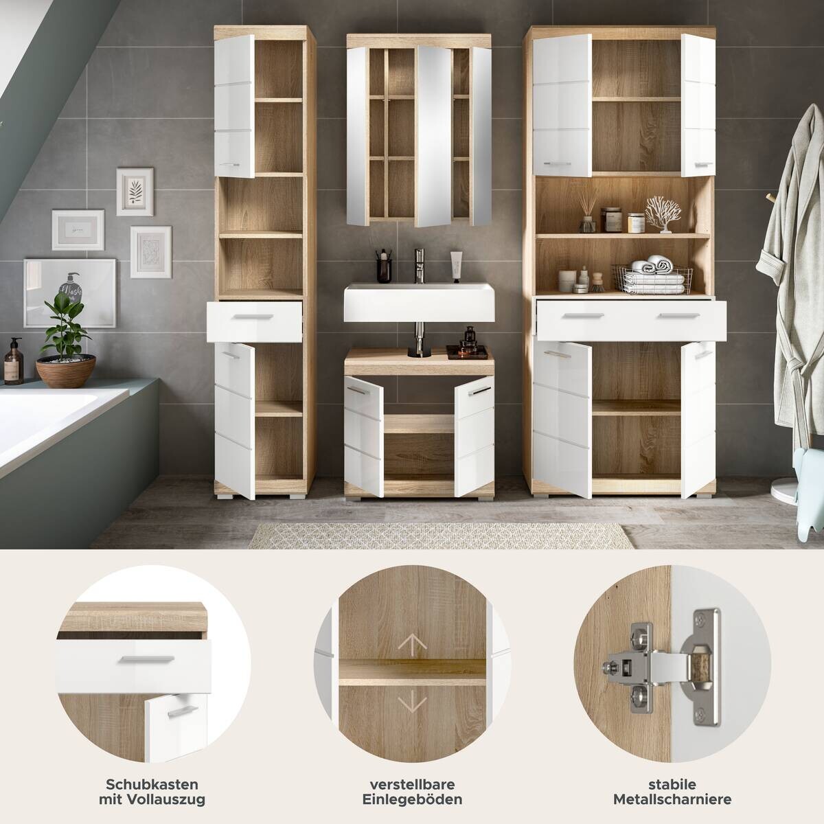 Badezimmer-Set Lambada Eiche Sonoma Nachbildung weiß Hochglanz B/H/T: ca. 186x191x34 cm