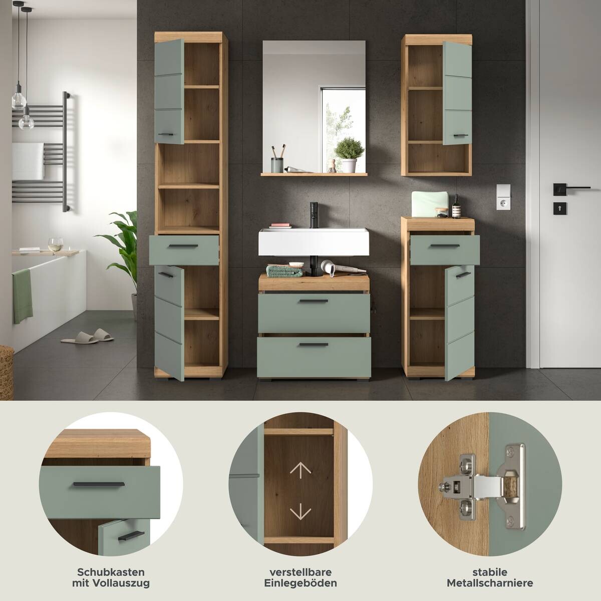 Badezimmer-Set Scout Eiche Artisan Nachbildung salbei Nachbildung B/H/T: ca. 164x191x37 cm
