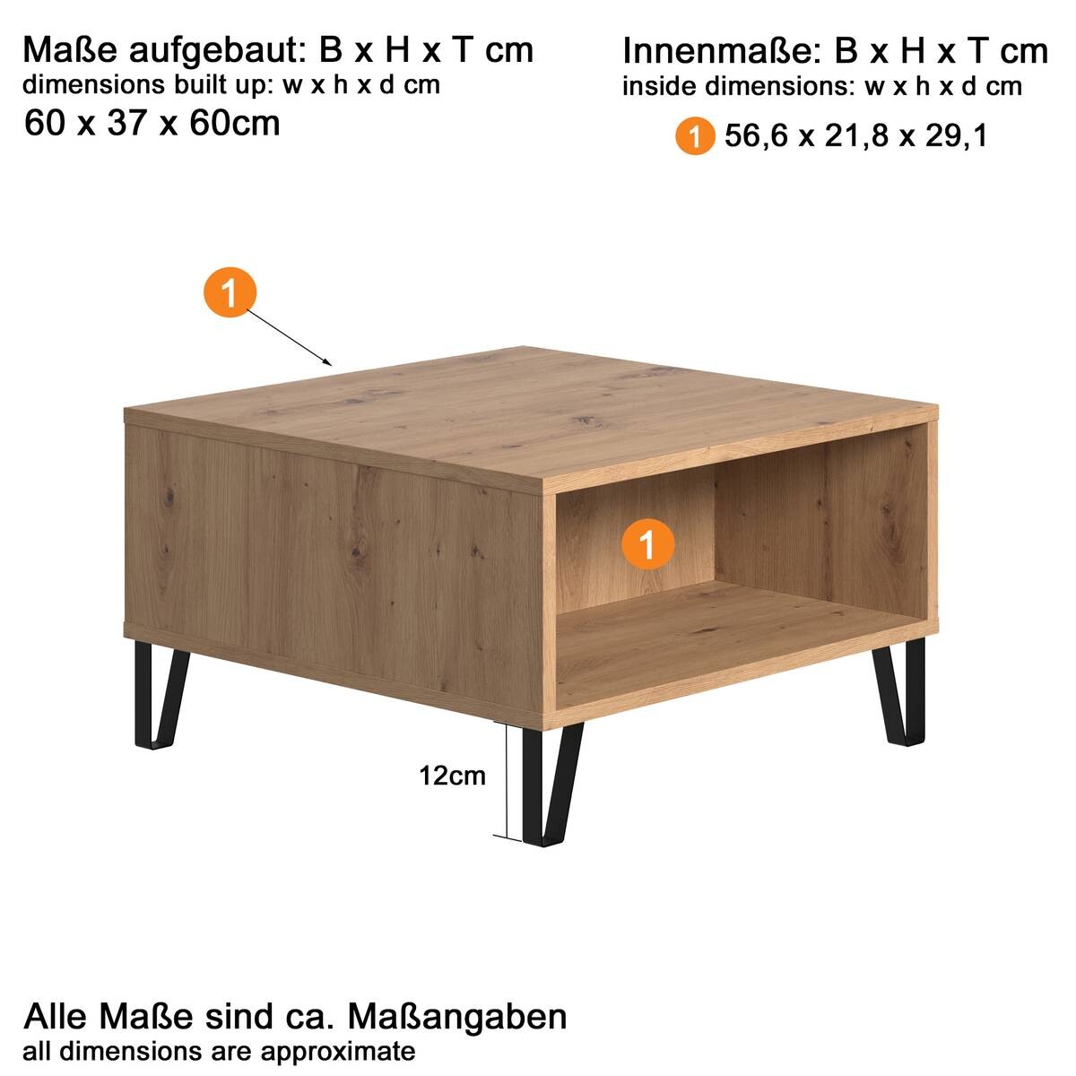 Couchtisch Touch Eiche Artisan Nachbildung B/H/T: ca. 60x37x60 cm