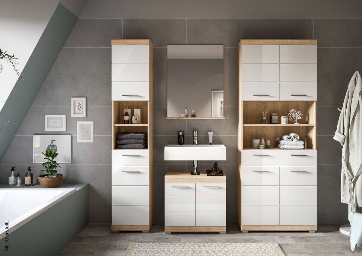 Badhochschrank Lambada Eiche Sonoma Nachbildung weiß Hochglanz B/H/T: ca. 74x191x31 cm