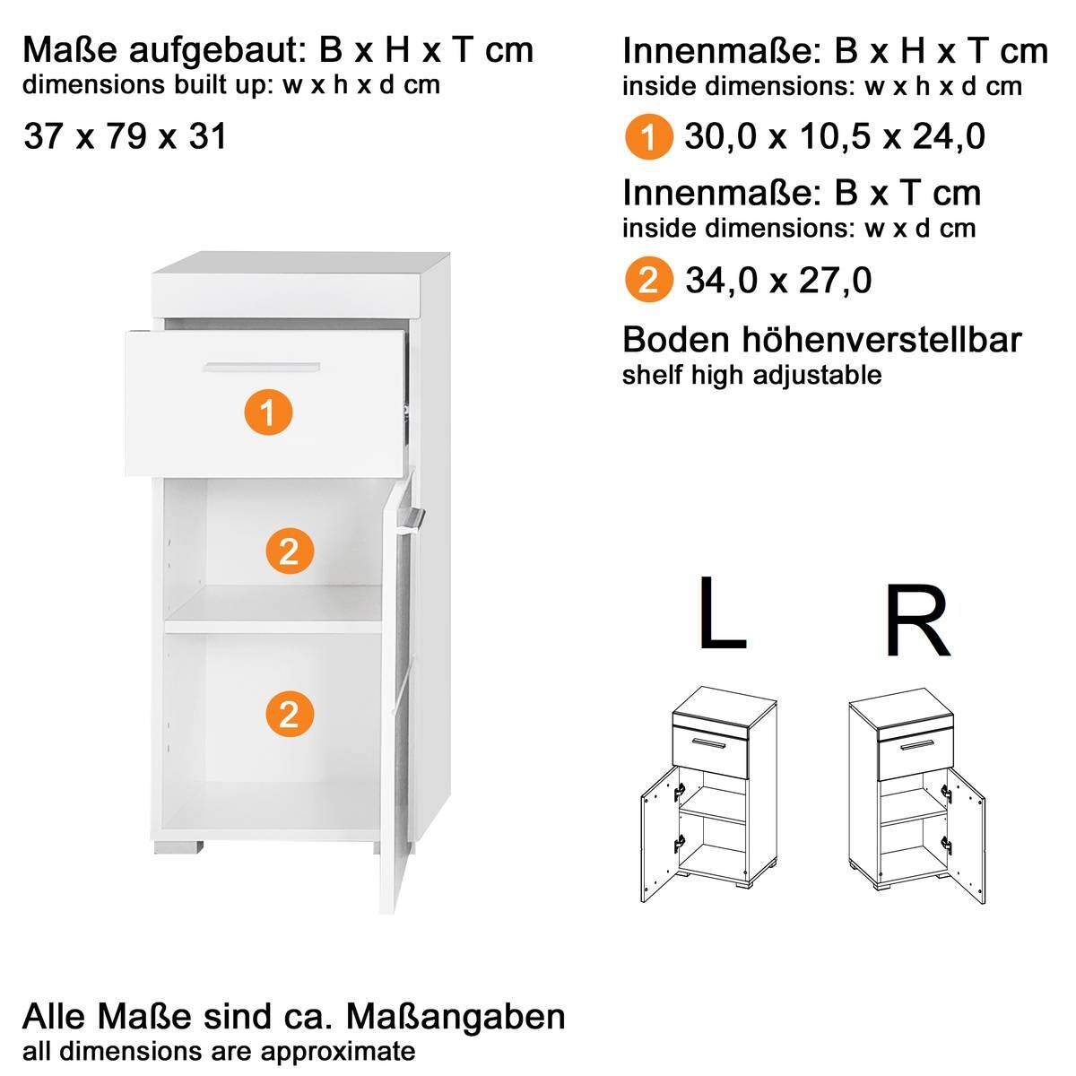 Stauraumelement Amanda weiß Hochglanz Asteiche Nachbildung B/H/T: ca. 37x79x31 cm