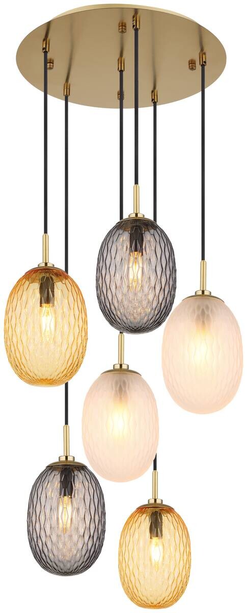 GLOBO Pendelleuchte Rauch gold schwarz Metall Glas Textil H/D: ca. 120x47 cm E14 6 Brennstellen