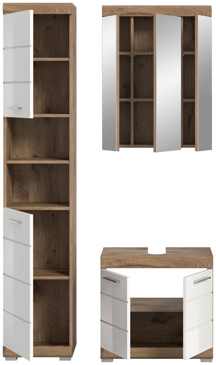 Badezimmer-Set Wave weiß Hochglanz Nox Oak Nachbildung B/H/T: ca. 112x191x34 cm