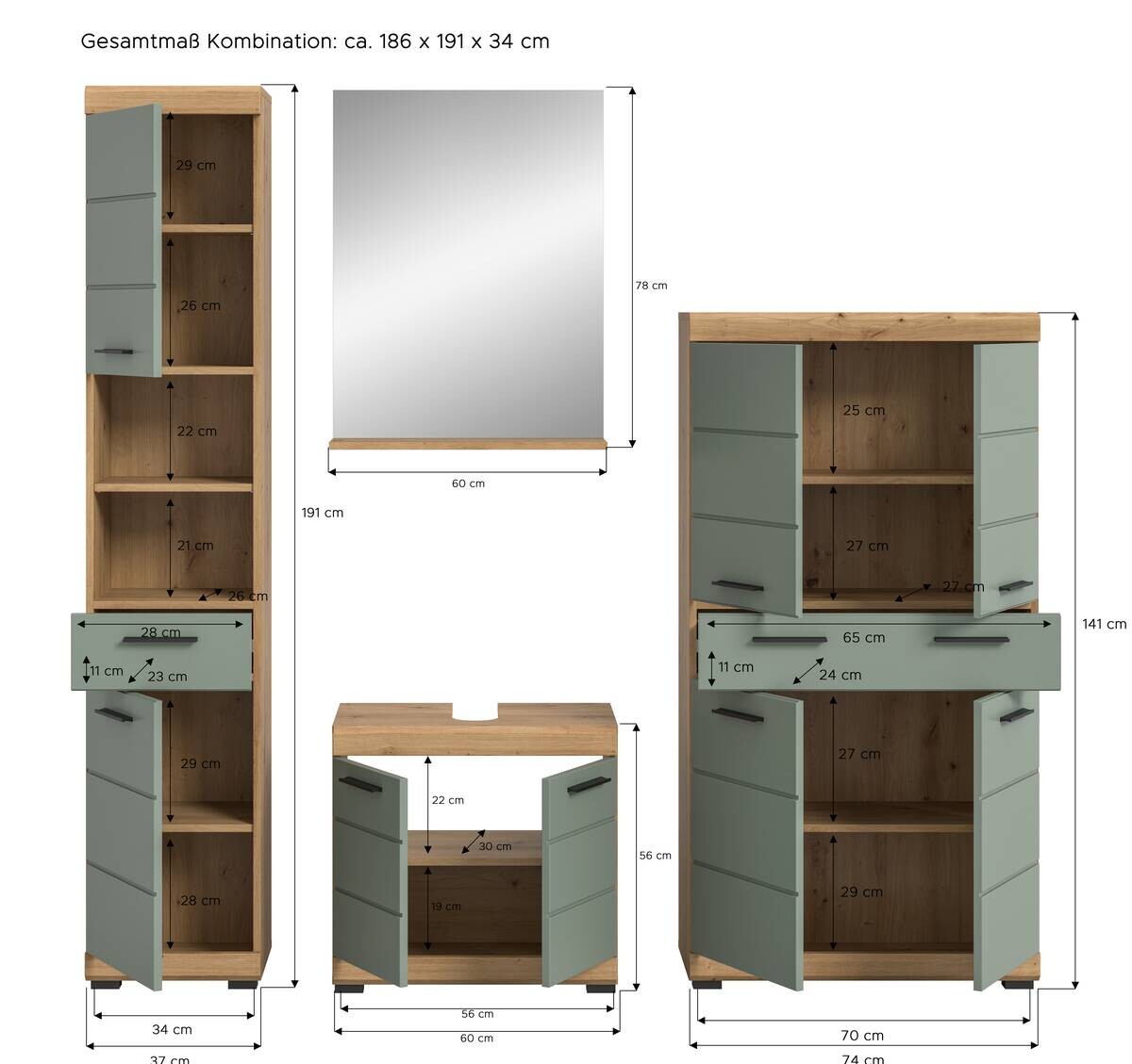 Badezimmer-Set Scout Eiche Artisan Nachbildung salbei Nachbildung B/H/T: ca. 186x191x34 cm