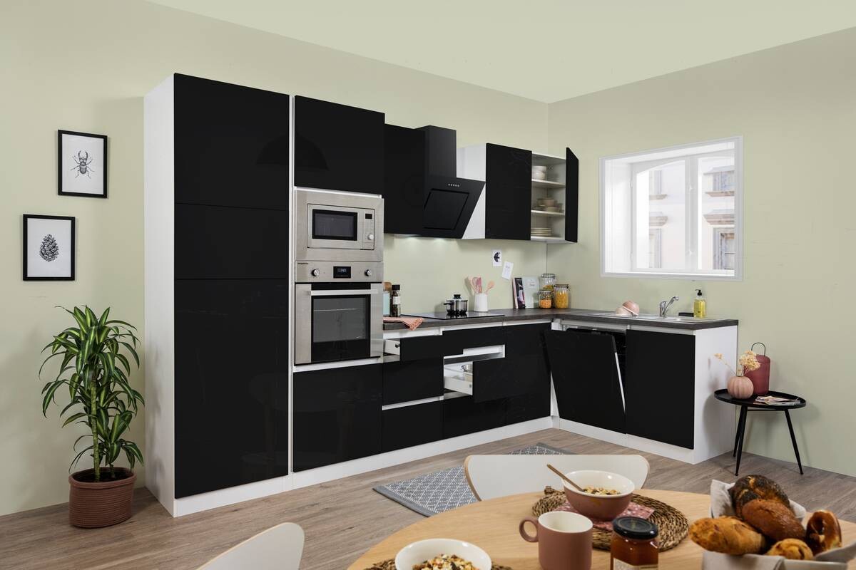Respekta Küchenblock Premium schwarz hochglänzend B/H/T: ca. 345x220,5x172 cm